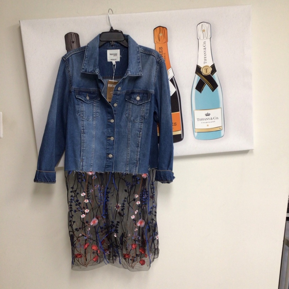 Kensie Denim Jacket with Embroidered Mesh Skirt Overlay - Blue